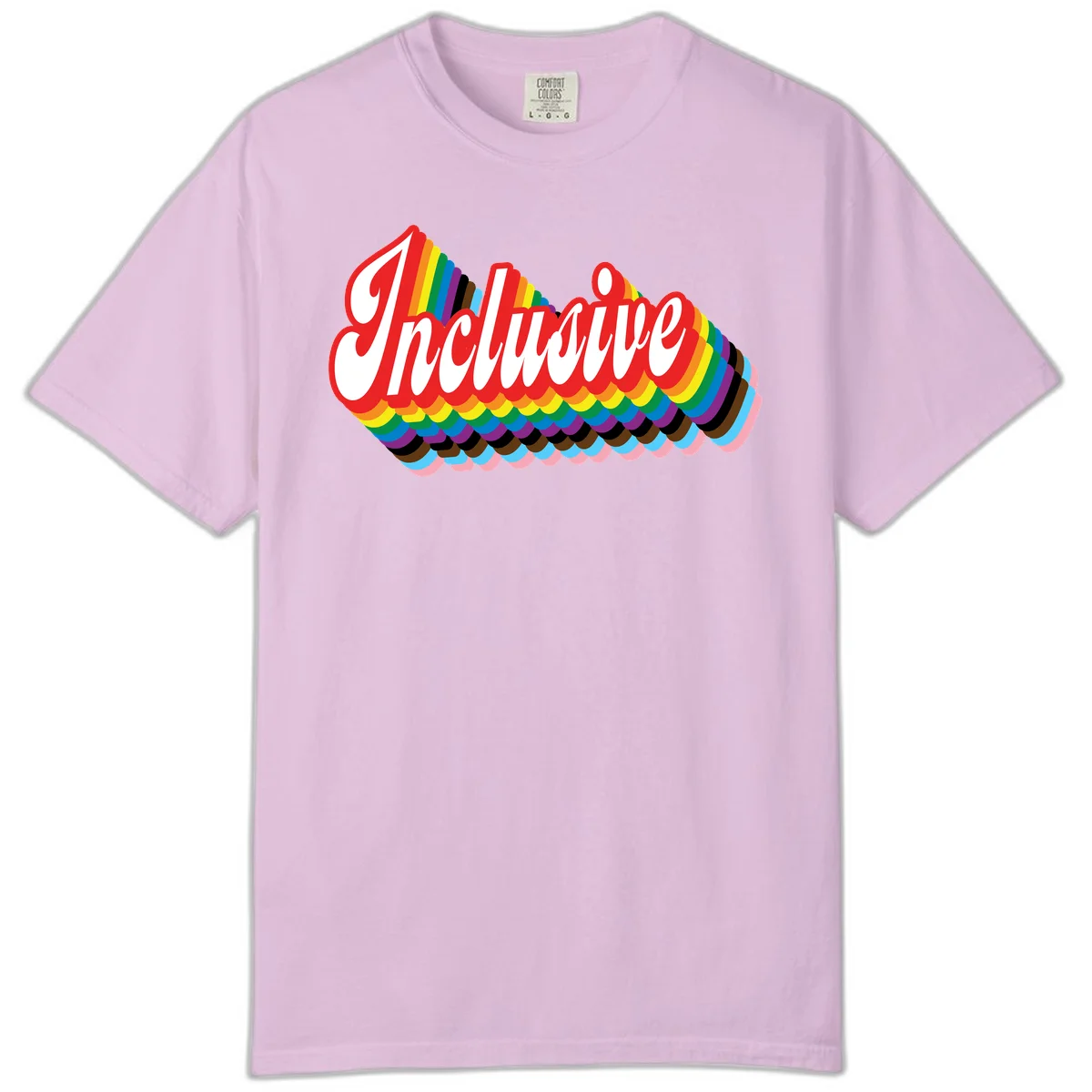Inclusive pride rainbow design with bold red 3D lettering and layered rainbow wave stripes in full spectrum colors in Orchid