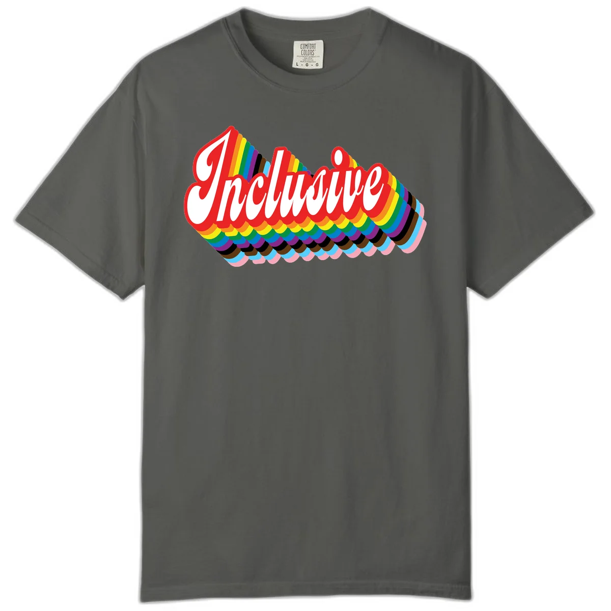 Inclusive pride rainbow design with bold red 3D lettering and layered rainbow wave stripes in full spectrum colors in Pepper