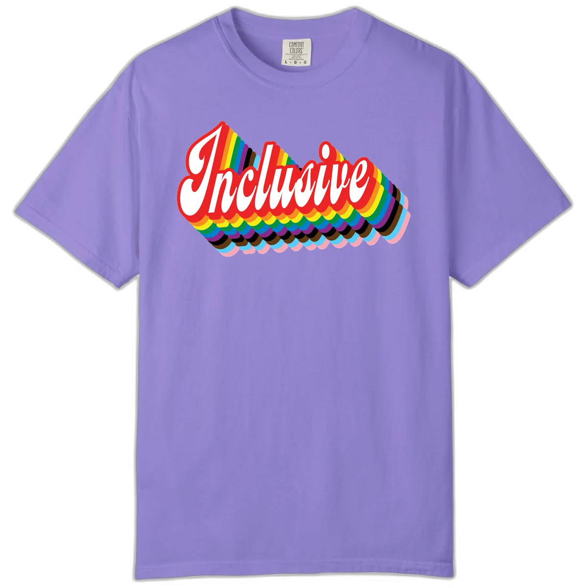 Inclusive pride rainbow design with bold red 3D lettering and layered rainbow wave stripes in full spectrum colors in Violet