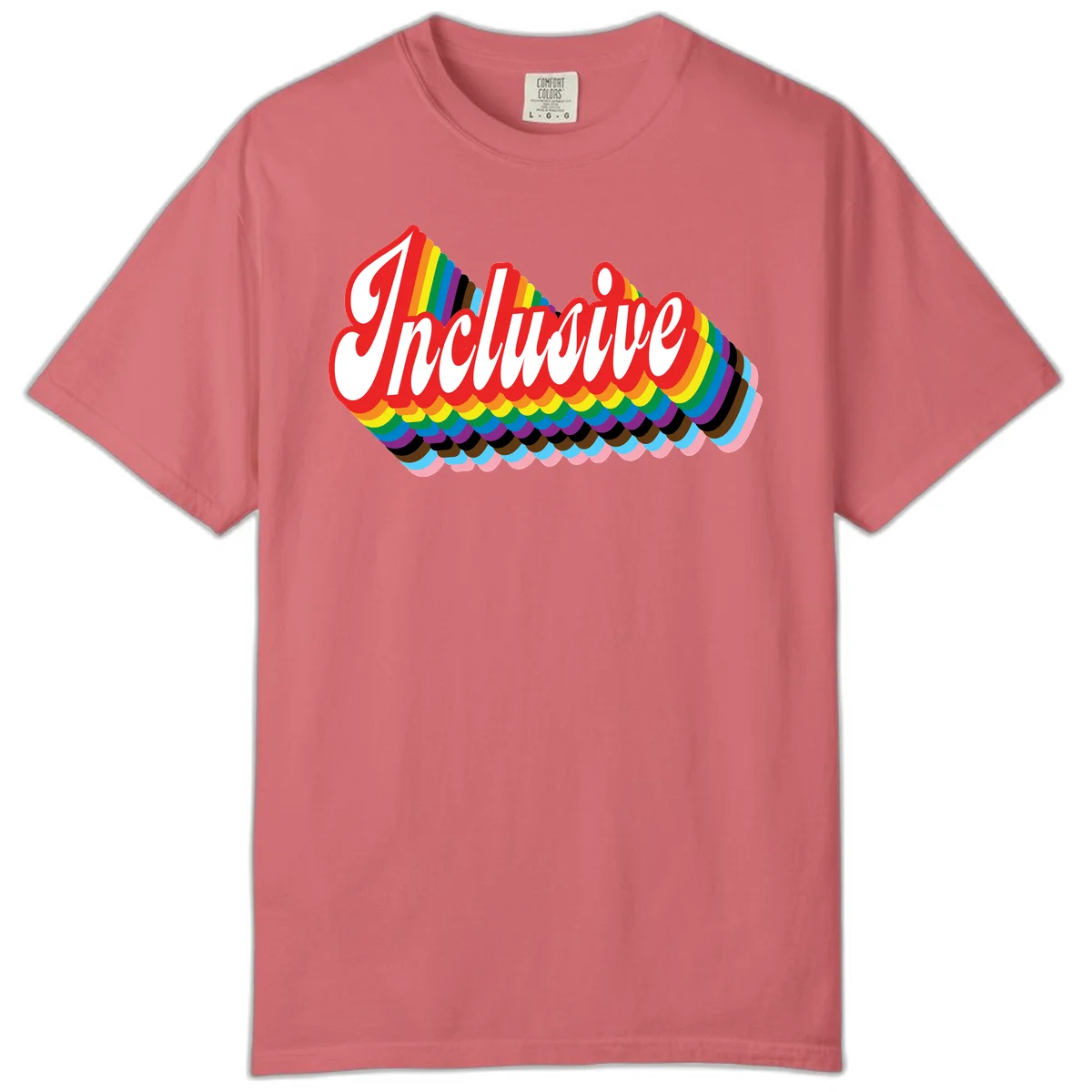Inclusive pride rainbow design with bold red 3D lettering and layered rainbow wave stripes in full spectrum colors in Watermelon