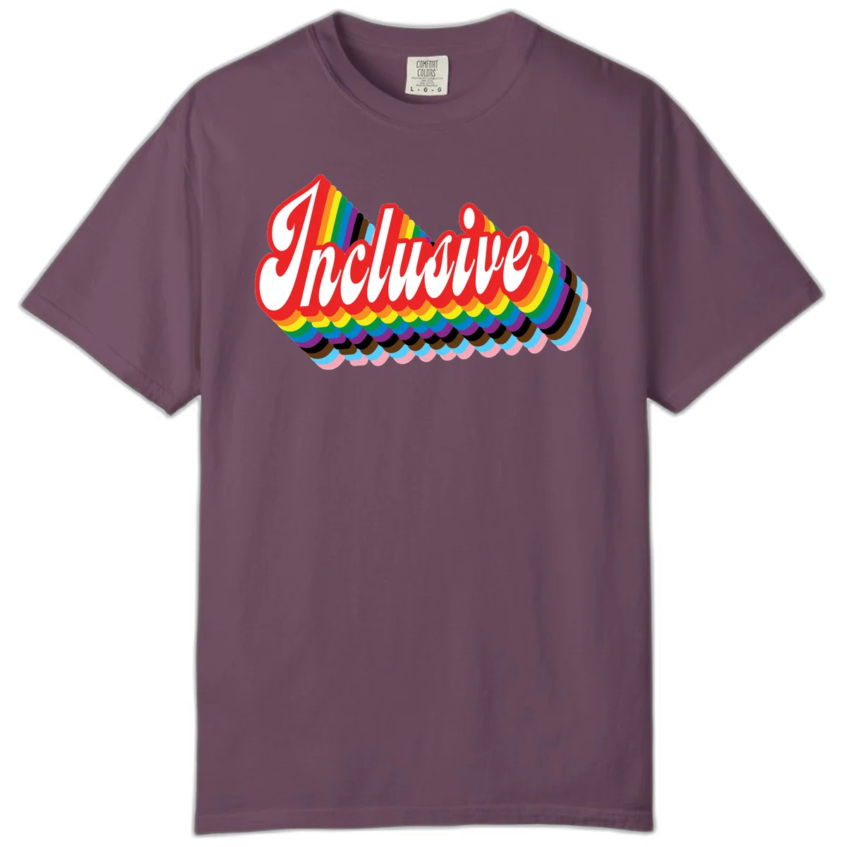 Inclusive pride rainbow design with bold red 3D lettering and layered rainbow wave stripes in full spectrum colors in Berry