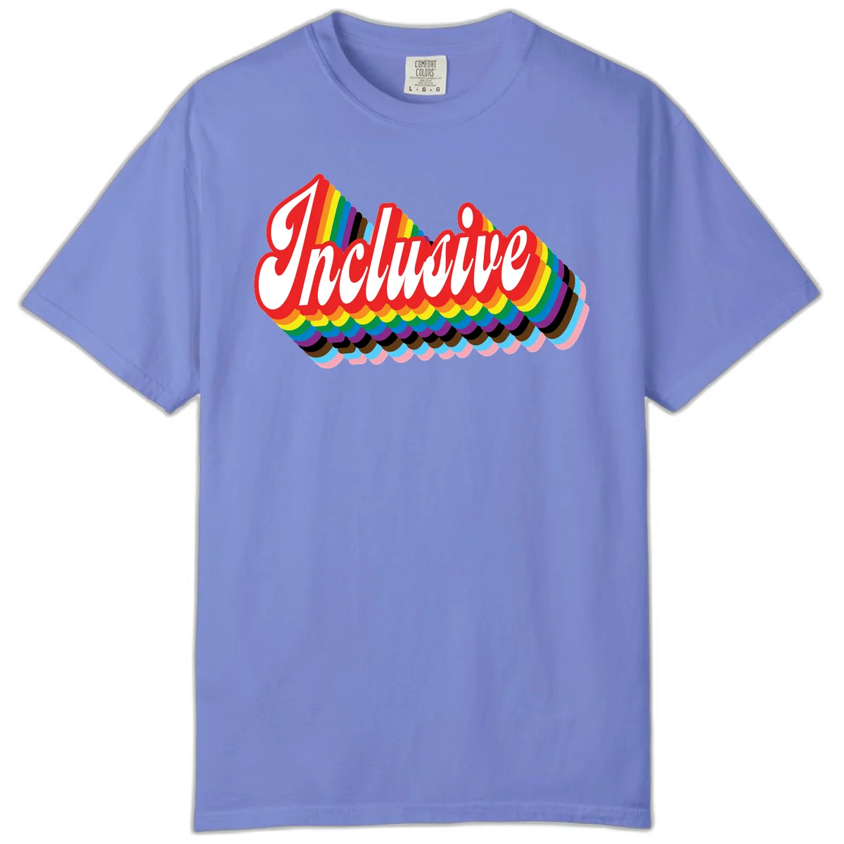 Inclusive pride rainbow design with bold red 3D lettering and layered rainbow wave stripes in full spectrum colors in Flo Blue