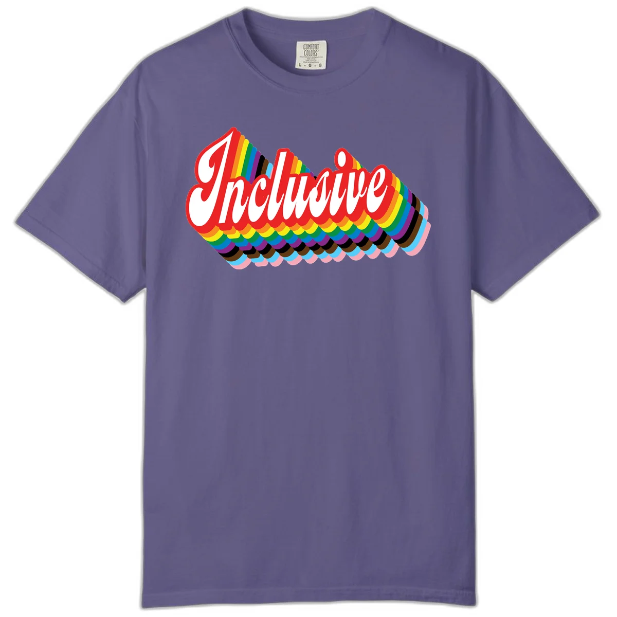 Inclusive pride rainbow design with bold red 3D lettering and layered rainbow wave stripes in full spectrum colors in Grape