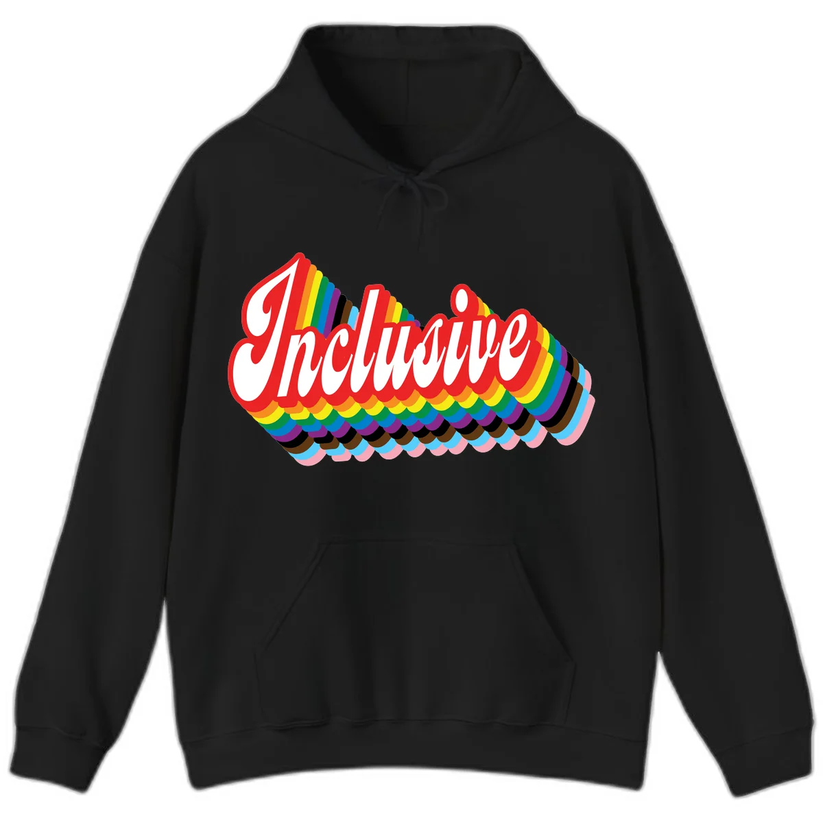 Inclusive pride rainbow design with bold red 3D lettering and layered rainbow wave stripes in full spectrum colors in Black