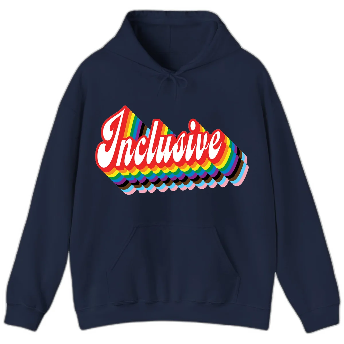 Inclusive pride rainbow design with bold red 3D lettering and layered rainbow wave stripes in full spectrum colors in Navy