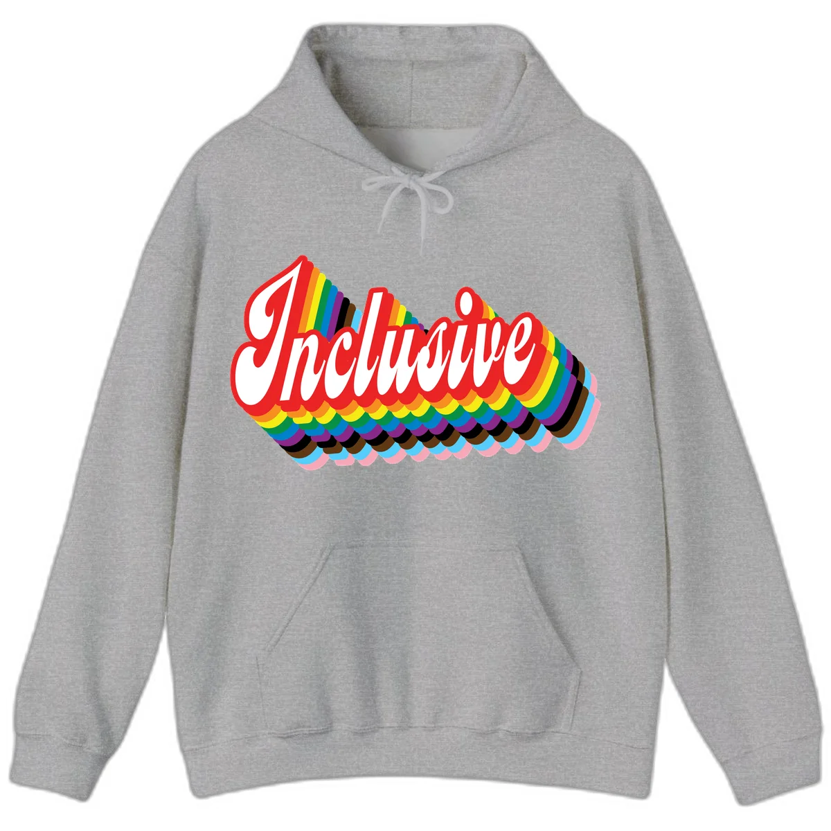 Inclusive pride rainbow design with bold red 3D lettering and layered rainbow wave stripes in full spectrum colors in Sport Grey