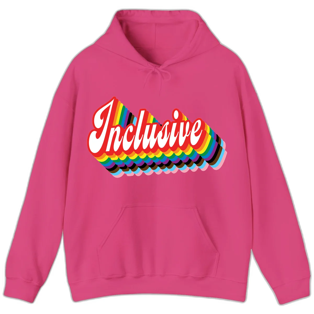 Inclusive pride rainbow design with bold red 3D lettering and layered rainbow wave stripes in full spectrum colors in Heliconia