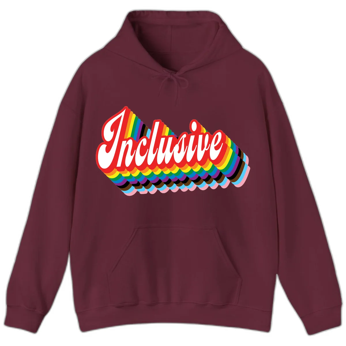 Inclusive pride rainbow design with bold red 3D lettering and layered rainbow wave stripes in full spectrum colors in Maroon