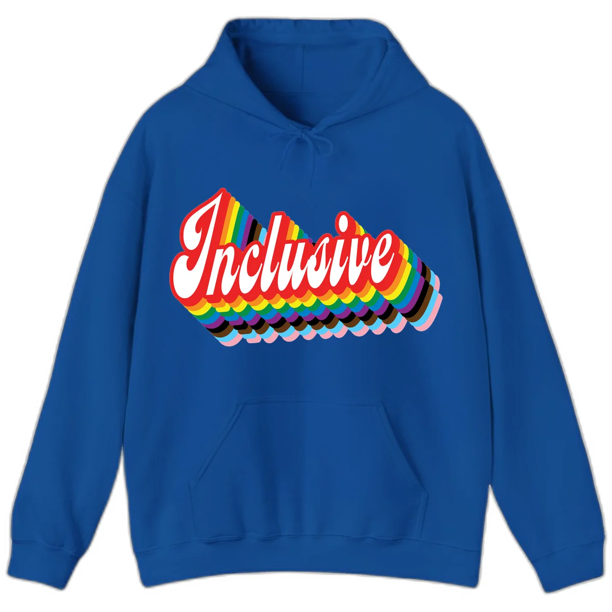 Inclusive pride rainbow design with bold red 3D lettering and layered rainbow wave stripes in full spectrum colors in Royal