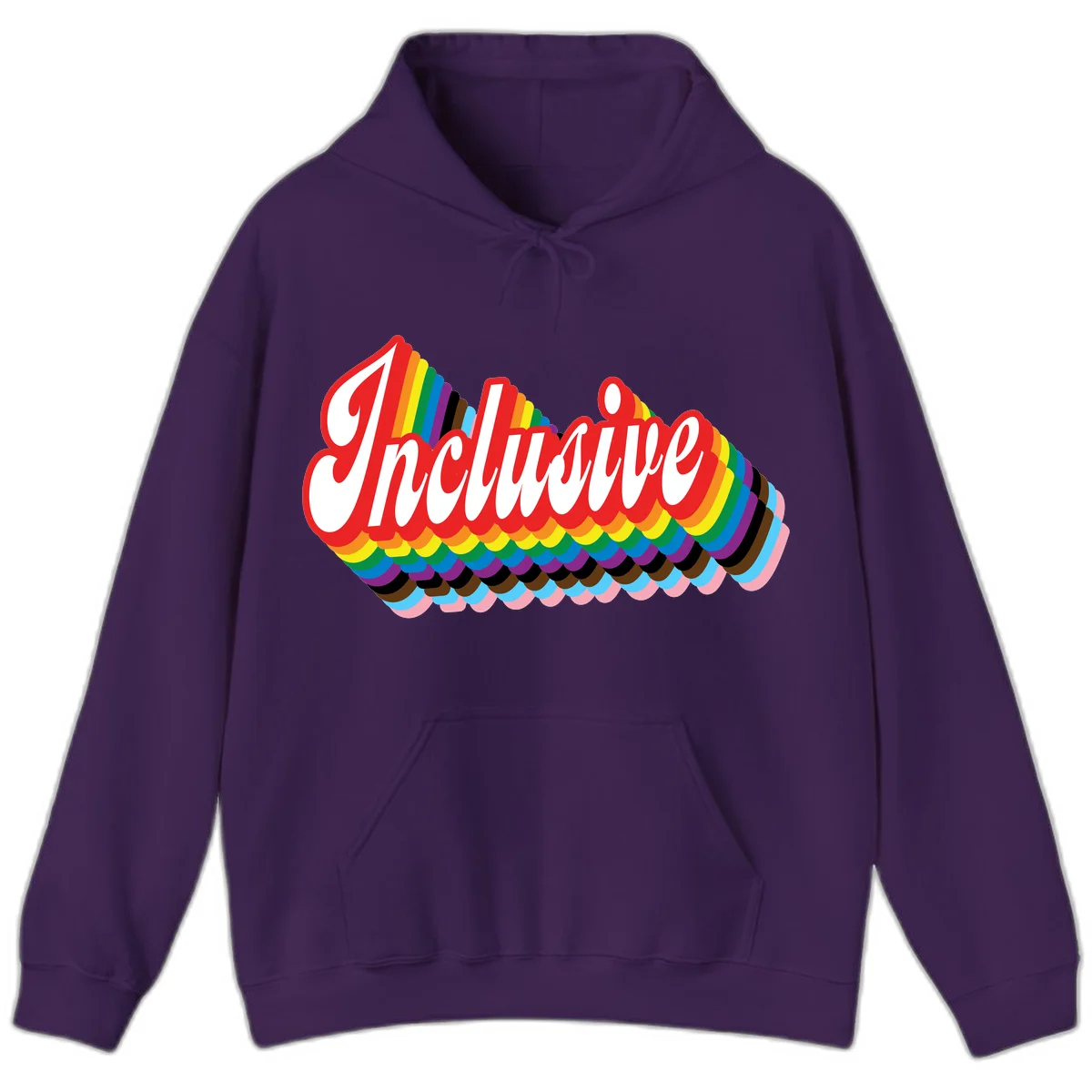 Inclusive pride rainbow design with bold red 3D lettering and layered rainbow wave stripes in full spectrum colors in Purple