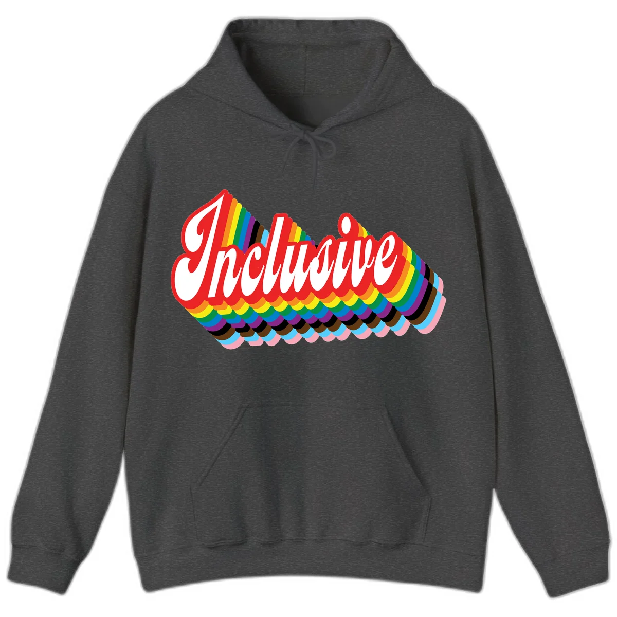 Inclusive pride rainbow design with bold red 3D lettering and layered rainbow wave stripes in full spectrum colors in Dark Heather