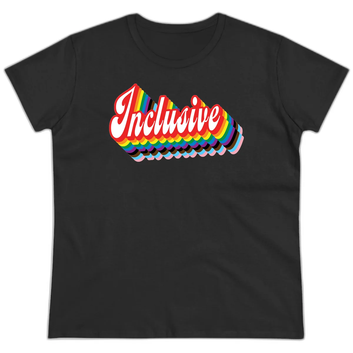 Inclusive pride rainbow design with bold red 3D lettering and layered rainbow wave stripes in full spectrum colors in Black