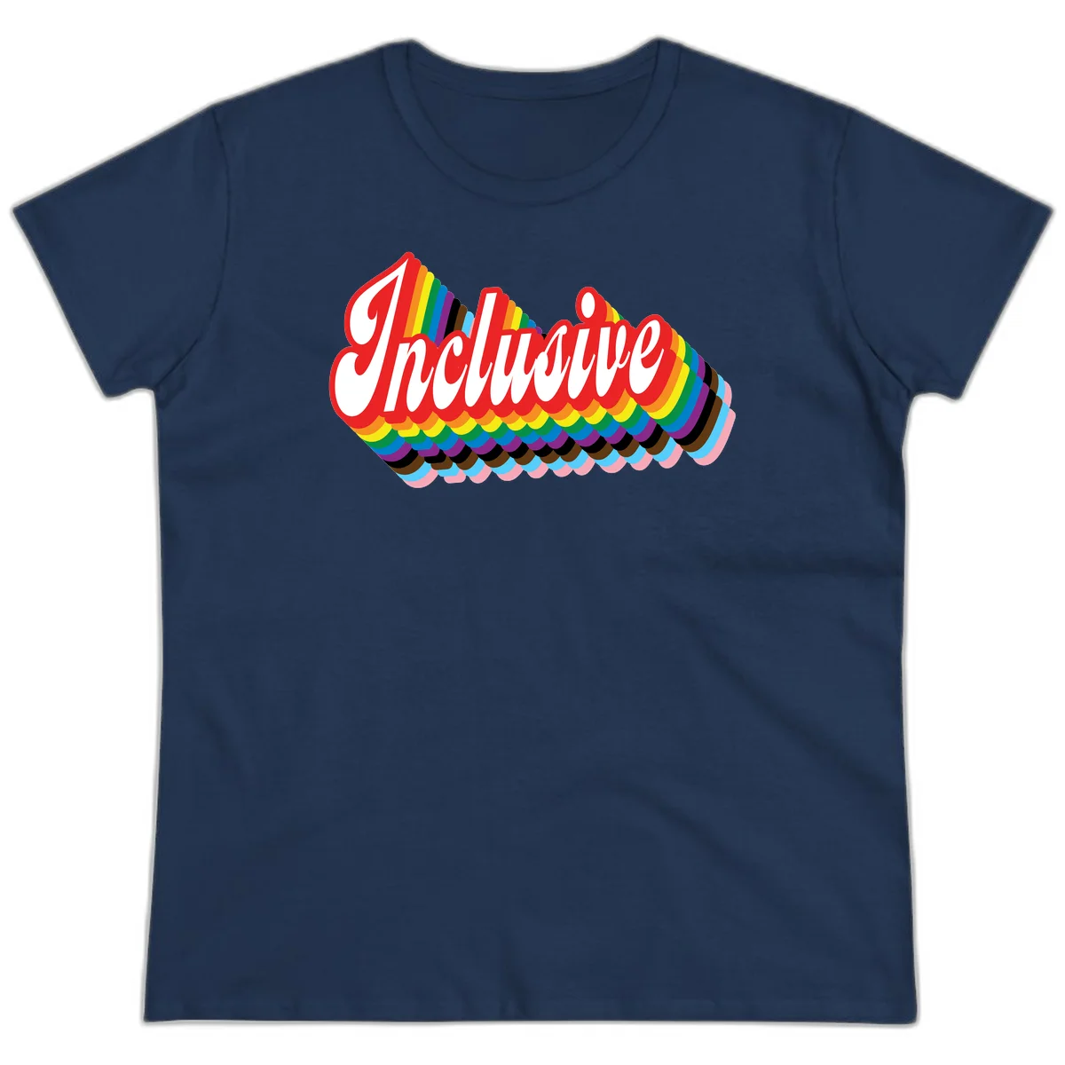 Inclusive pride rainbow design with bold red 3D lettering and layered rainbow wave stripes in full spectrum colors in Navy