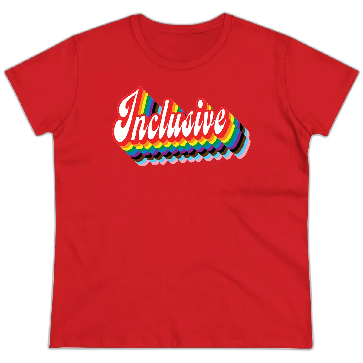 Inclusive pride rainbow design with bold red 3D lettering and layered rainbow wave stripes in full spectrum colors in Red