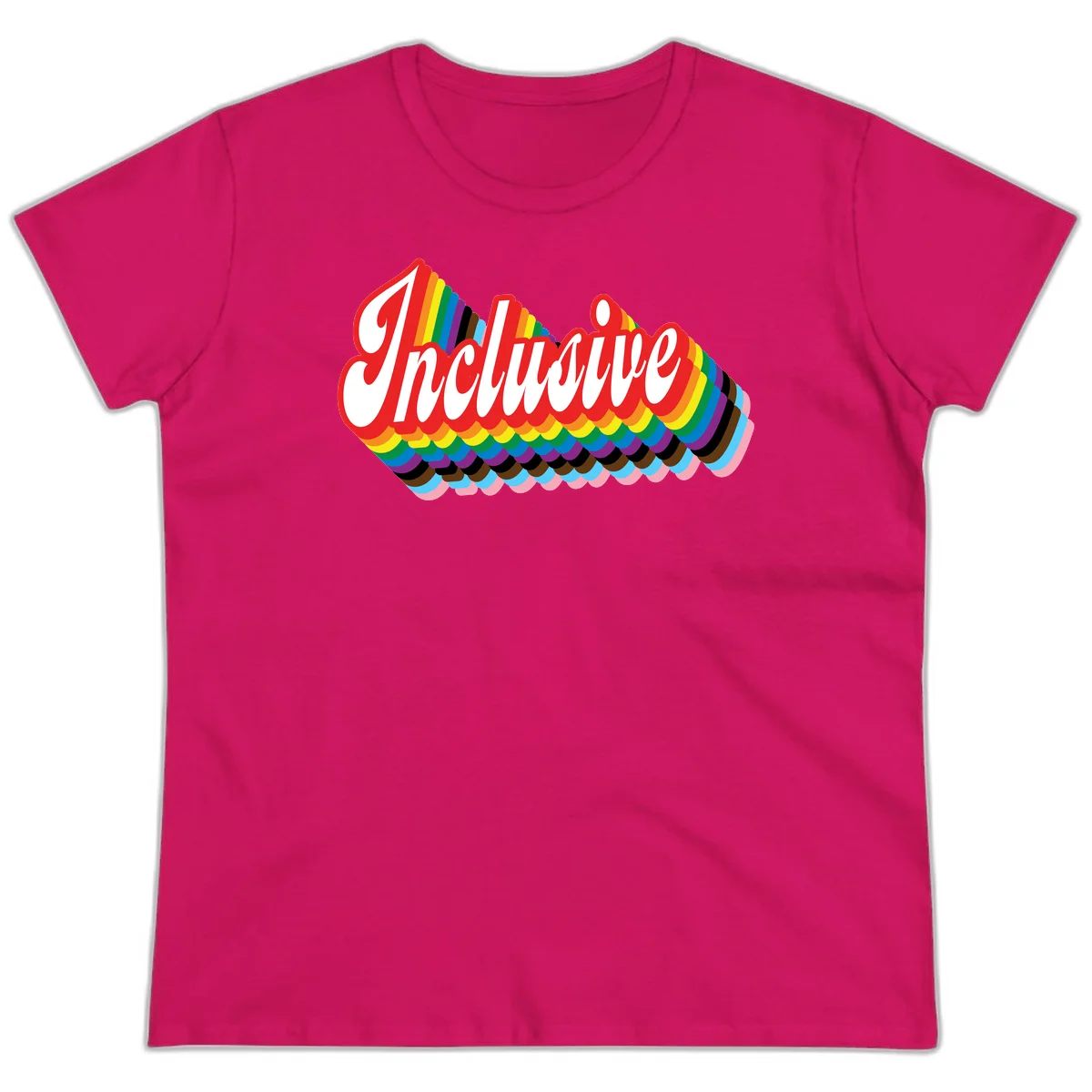 Inclusive pride rainbow design with bold red 3D lettering and layered rainbow wave stripes in full spectrum colors in Heliconia