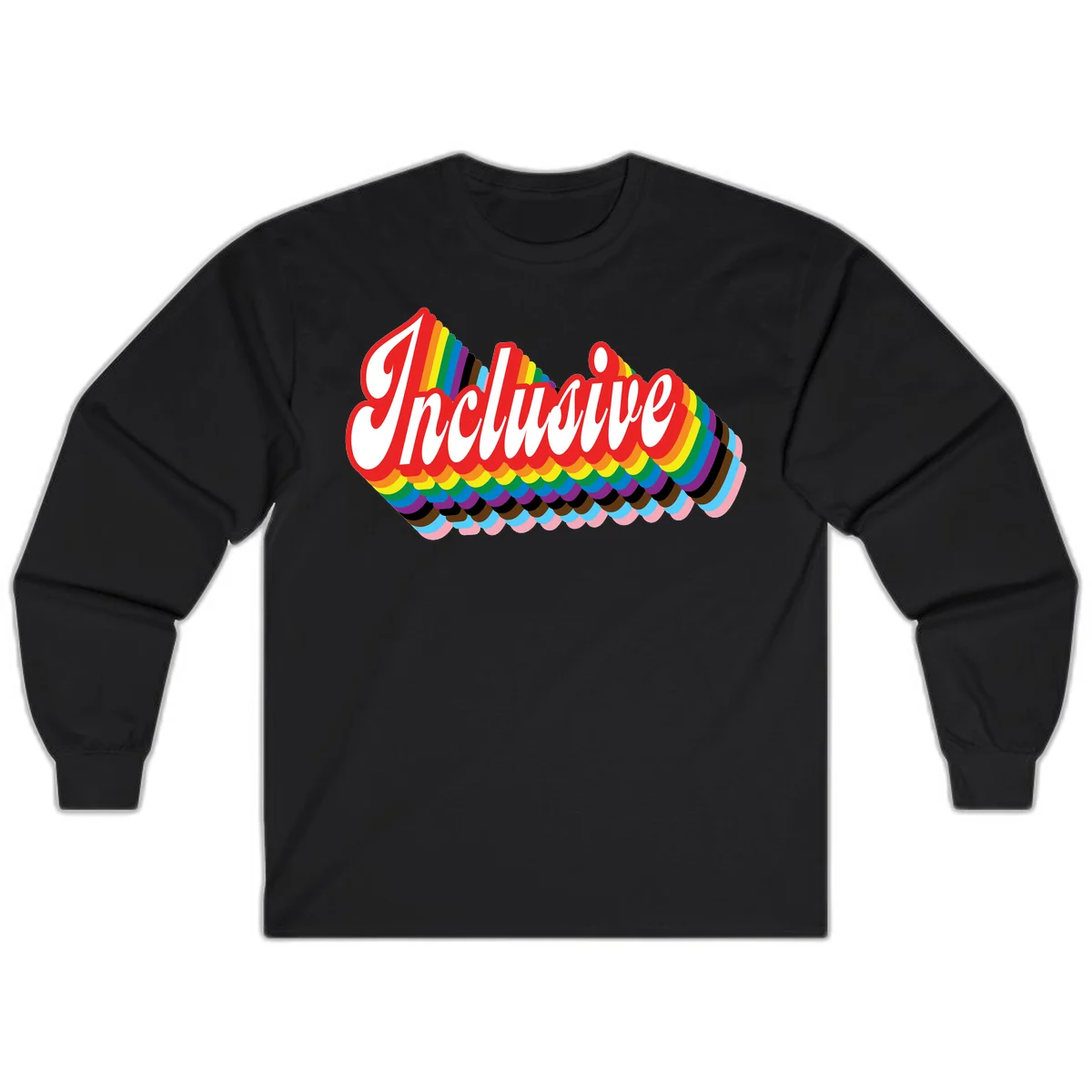 Inclusive pride rainbow design with bold red 3D lettering and layered rainbow wave stripes in full spectrum colors in Black