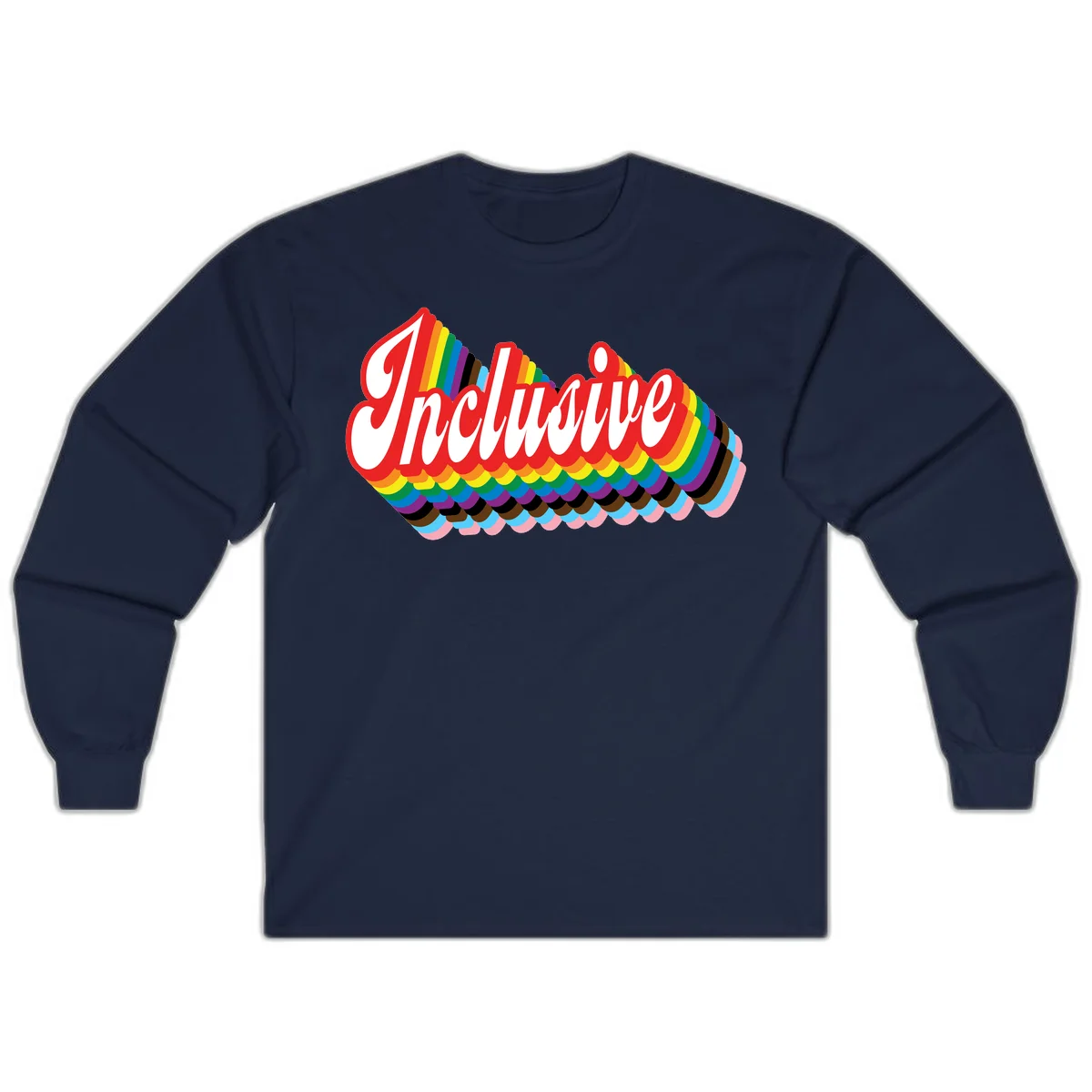 Inclusive pride rainbow design with bold red 3D lettering and layered rainbow wave stripes in full spectrum colors in Navy