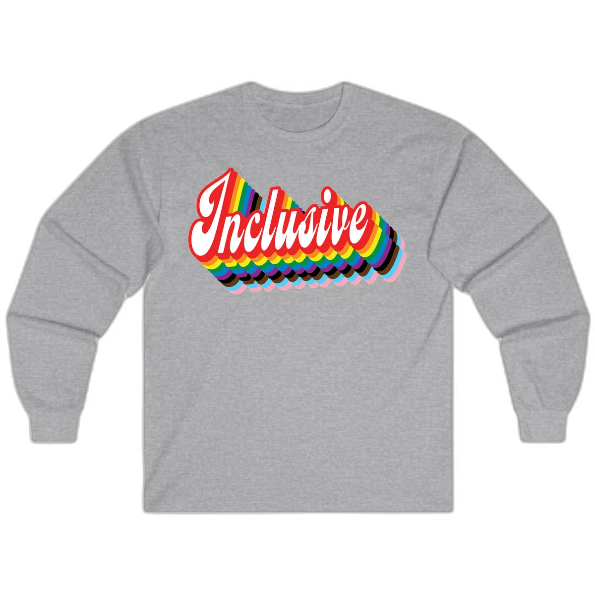 Inclusive pride rainbow design with bold red 3D lettering and layered rainbow wave stripes in full spectrum colors in Sport Grey