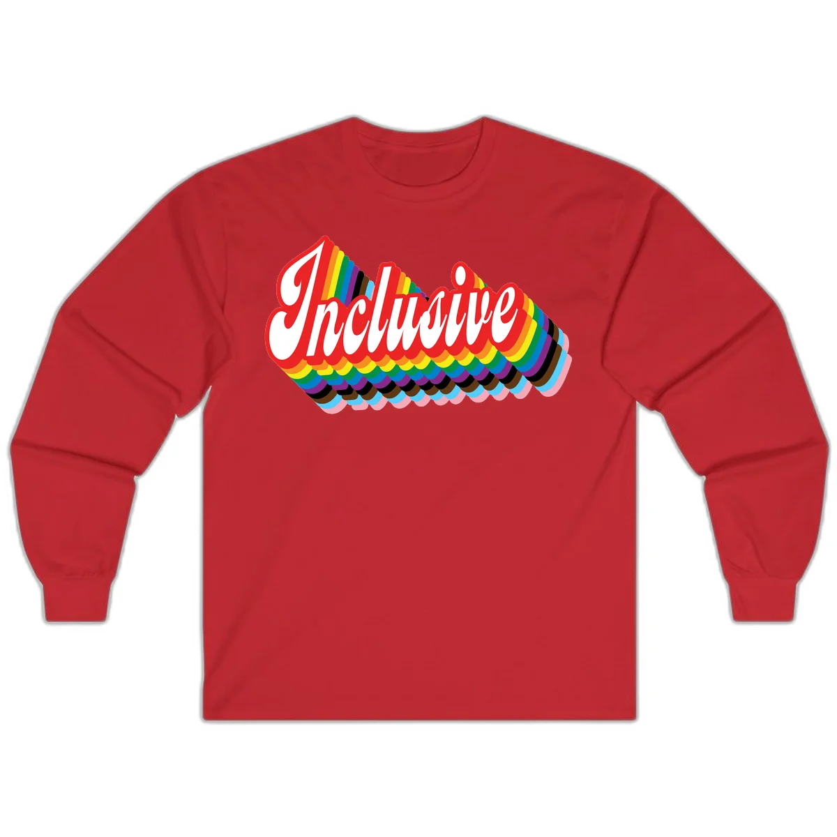 Inclusive pride rainbow design with bold red 3D lettering and layered rainbow wave stripes in full spectrum colors in Red