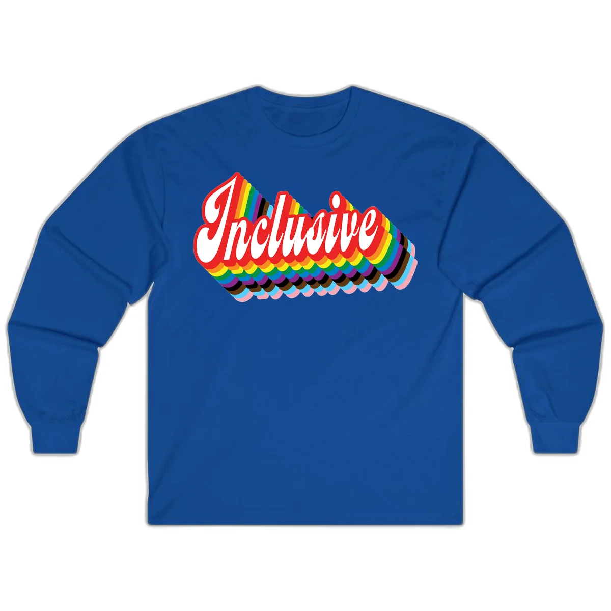 Inclusive pride rainbow design with bold red 3D lettering and layered rainbow wave stripes in full spectrum colors in Royal