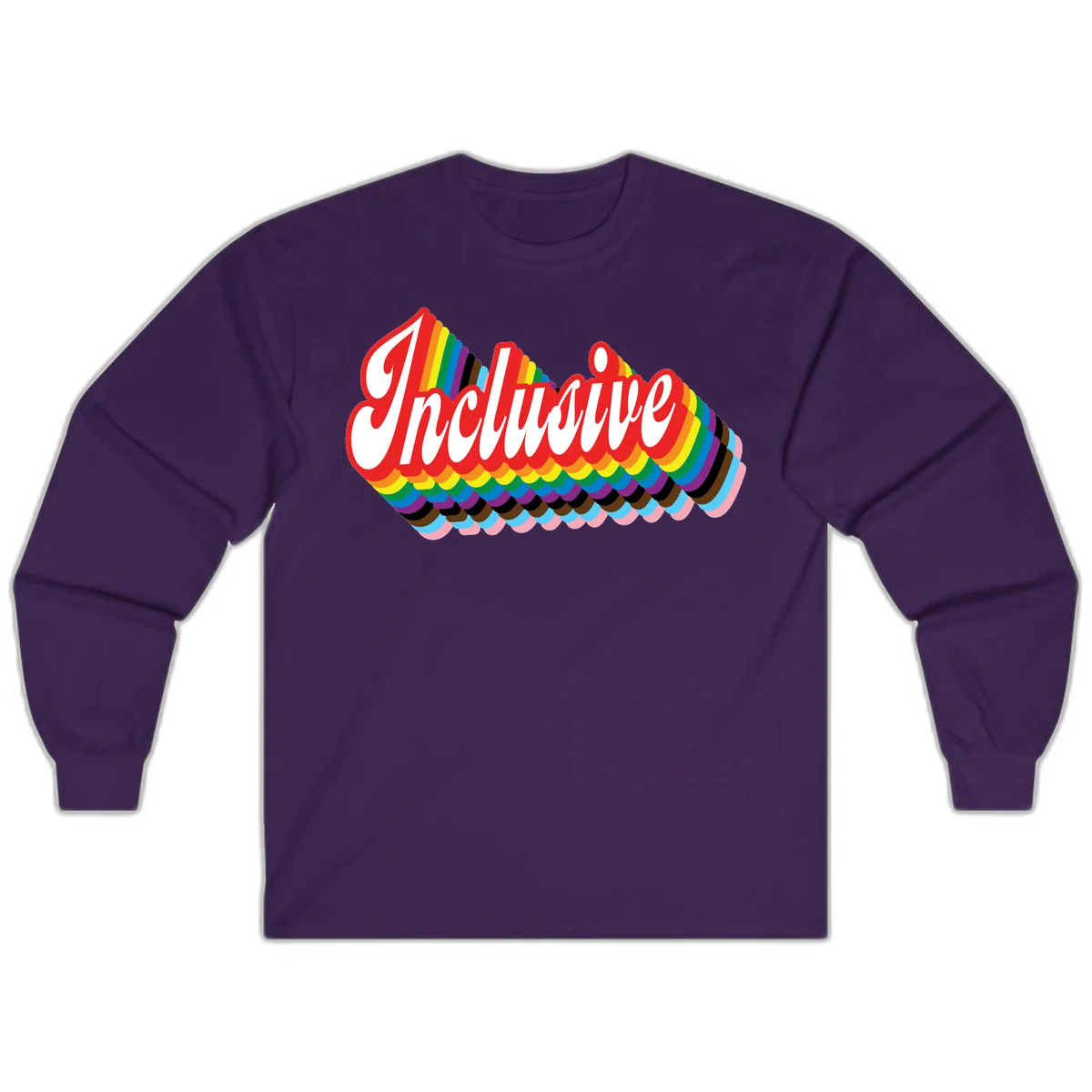 Inclusive pride rainbow design with bold red 3D lettering and layered rainbow wave stripes in full spectrum colors in Purple