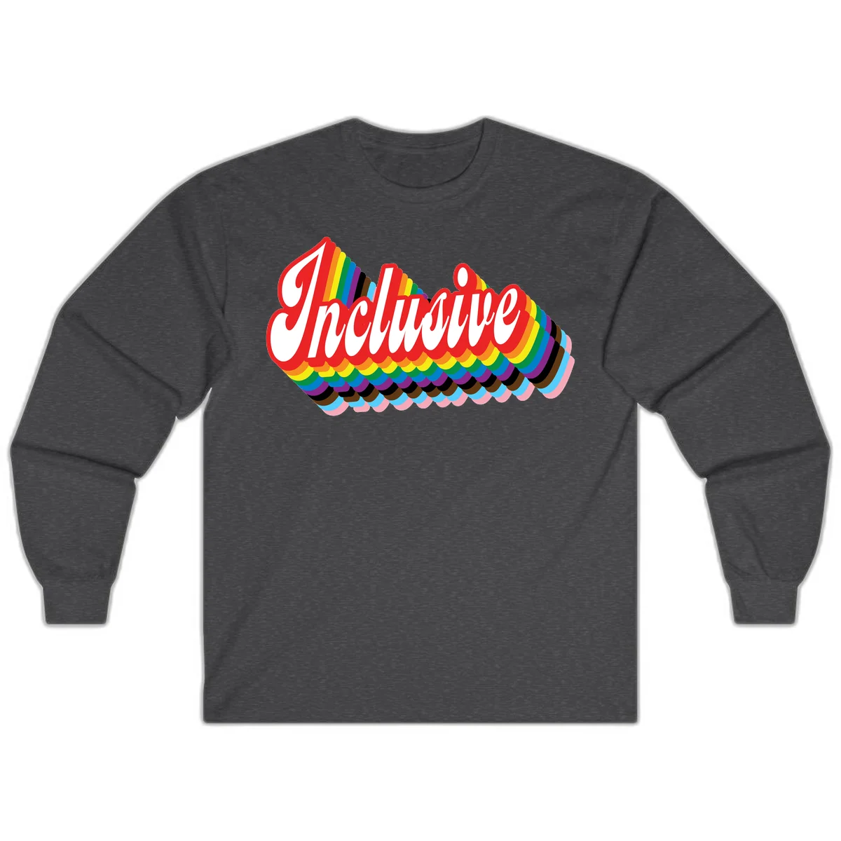Inclusive pride rainbow design with bold red 3D lettering and layered rainbow wave stripes in full spectrum colors in Dark Heather
