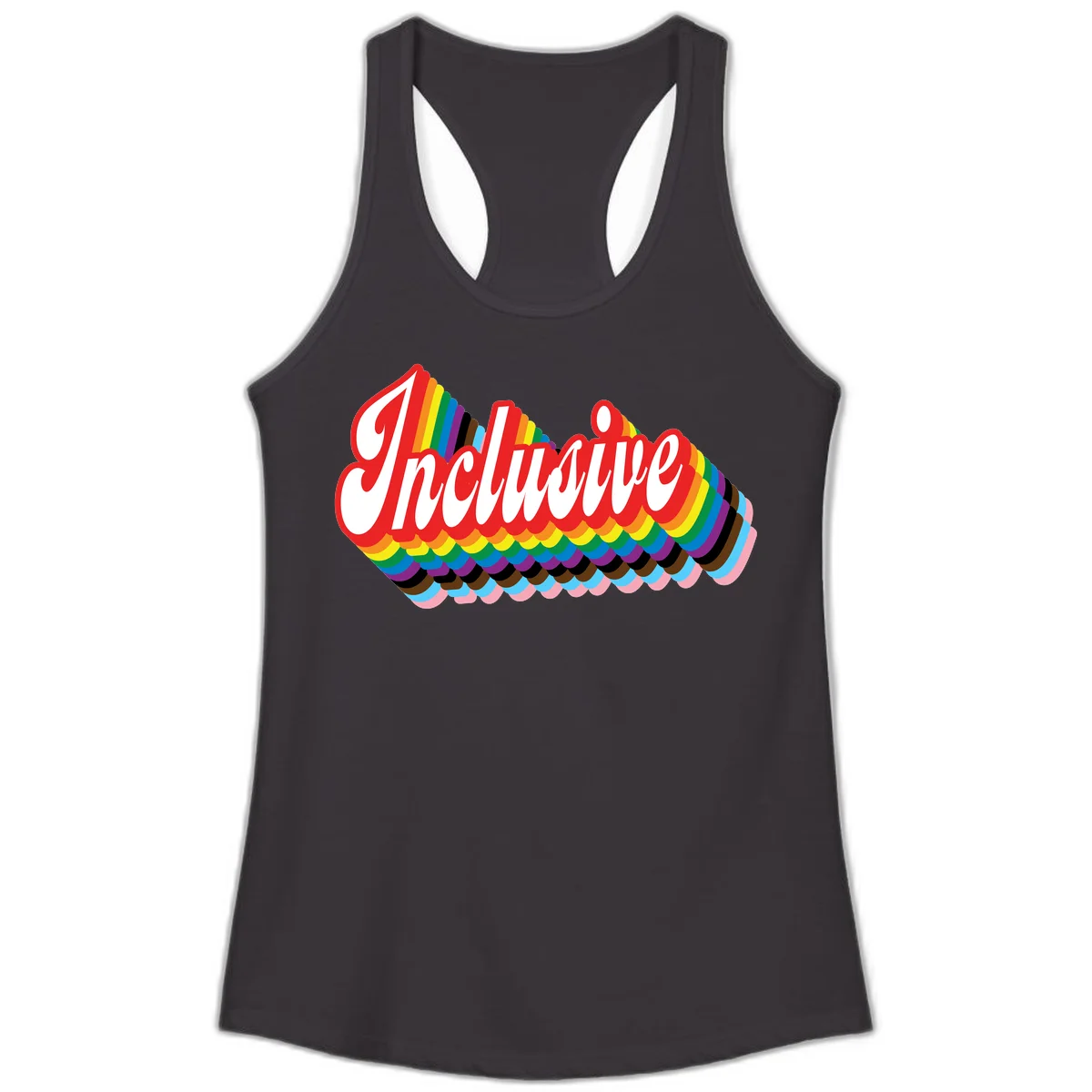 Inclusive pride rainbow design with bold red 3D lettering and layered rainbow wave stripes in full spectrum colors in Black
