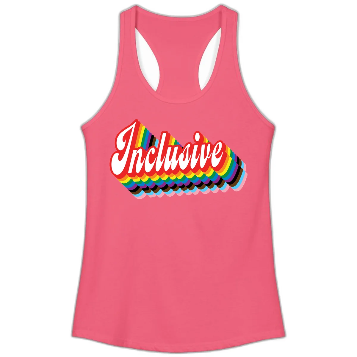 Inclusive pride rainbow design with bold red 3D lettering and layered rainbow wave stripes in full spectrum colors in Hot Pink
