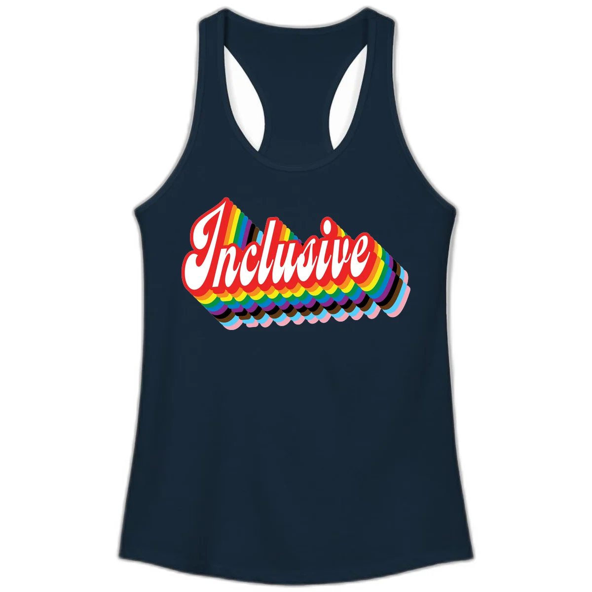 Inclusive pride rainbow design with bold red 3D lettering and layered rainbow wave stripes in full spectrum colors in Solid Midnight Navy