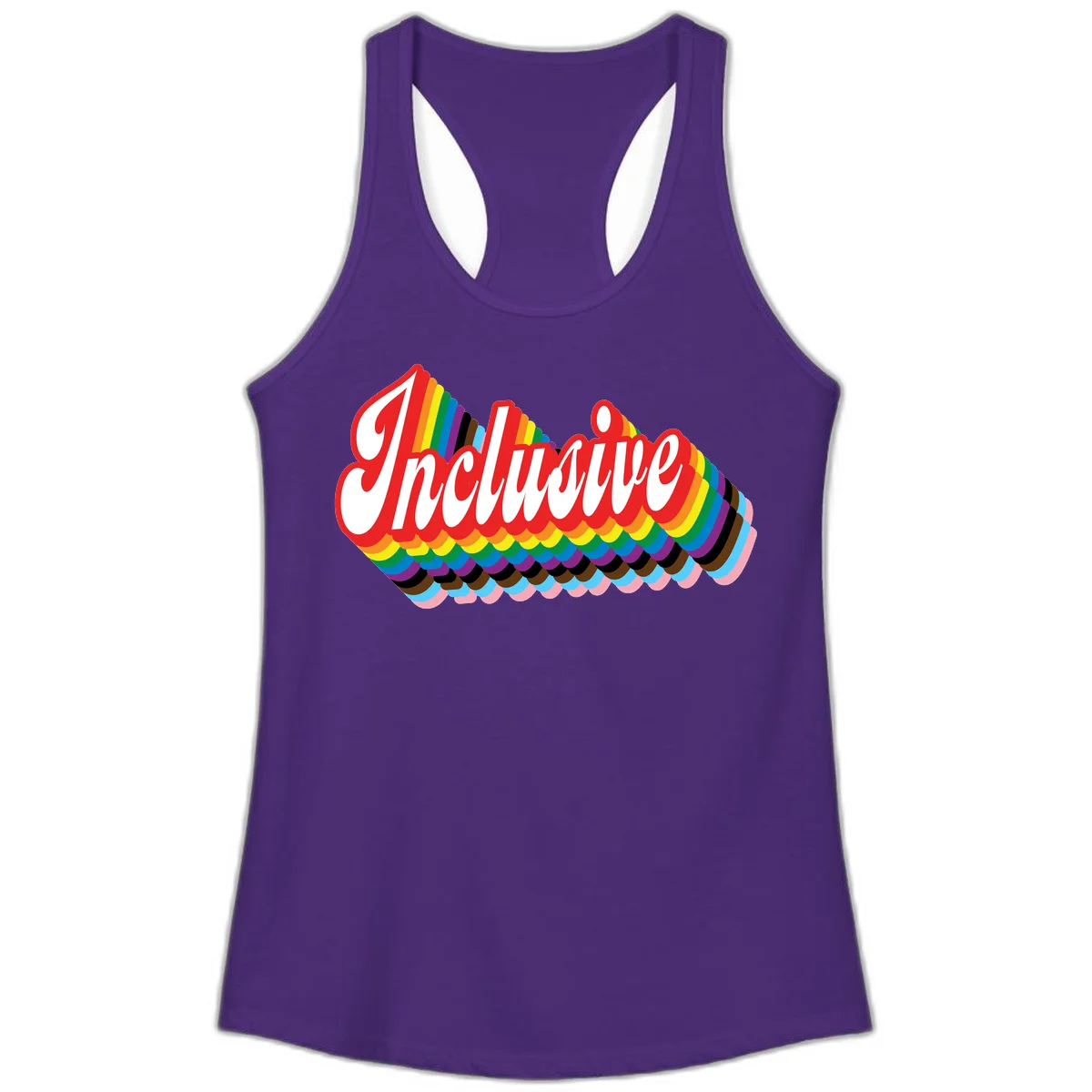 Inclusive pride rainbow design with bold red 3D lettering and layered rainbow wave stripes in full spectrum colors in Solid Purple Rush