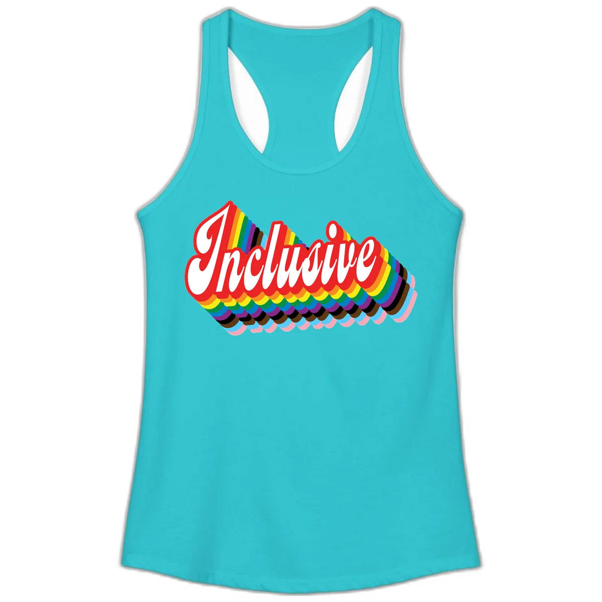 Inclusive pride rainbow design with bold red 3D lettering and layered rainbow wave stripes in full spectrum colors in Solid Tahiti Blue