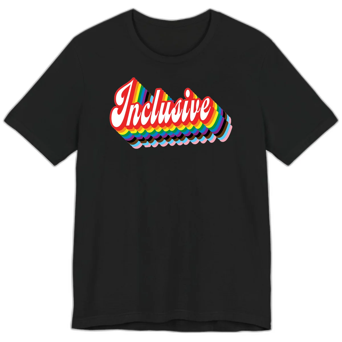 Inclusive pride rainbow design with bold red 3D lettering and layered rainbow wave stripes in full spectrum colors in Black