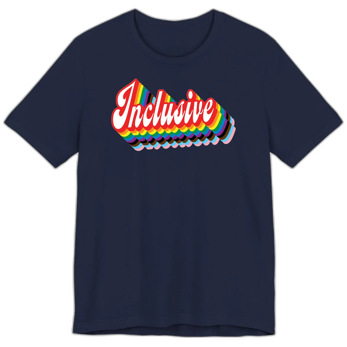 Inclusive pride rainbow design with bold red 3D lettering and layered rainbow wave stripes in full spectrum colors in Navy