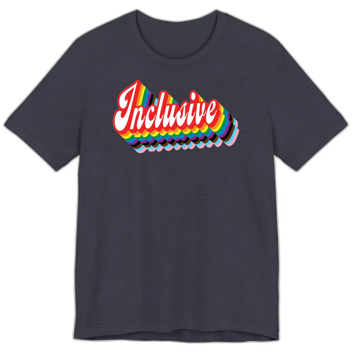 Inclusive pride rainbow design with bold red 3D lettering and layered rainbow wave stripes in full spectrum colors in Heather Midnight Navy