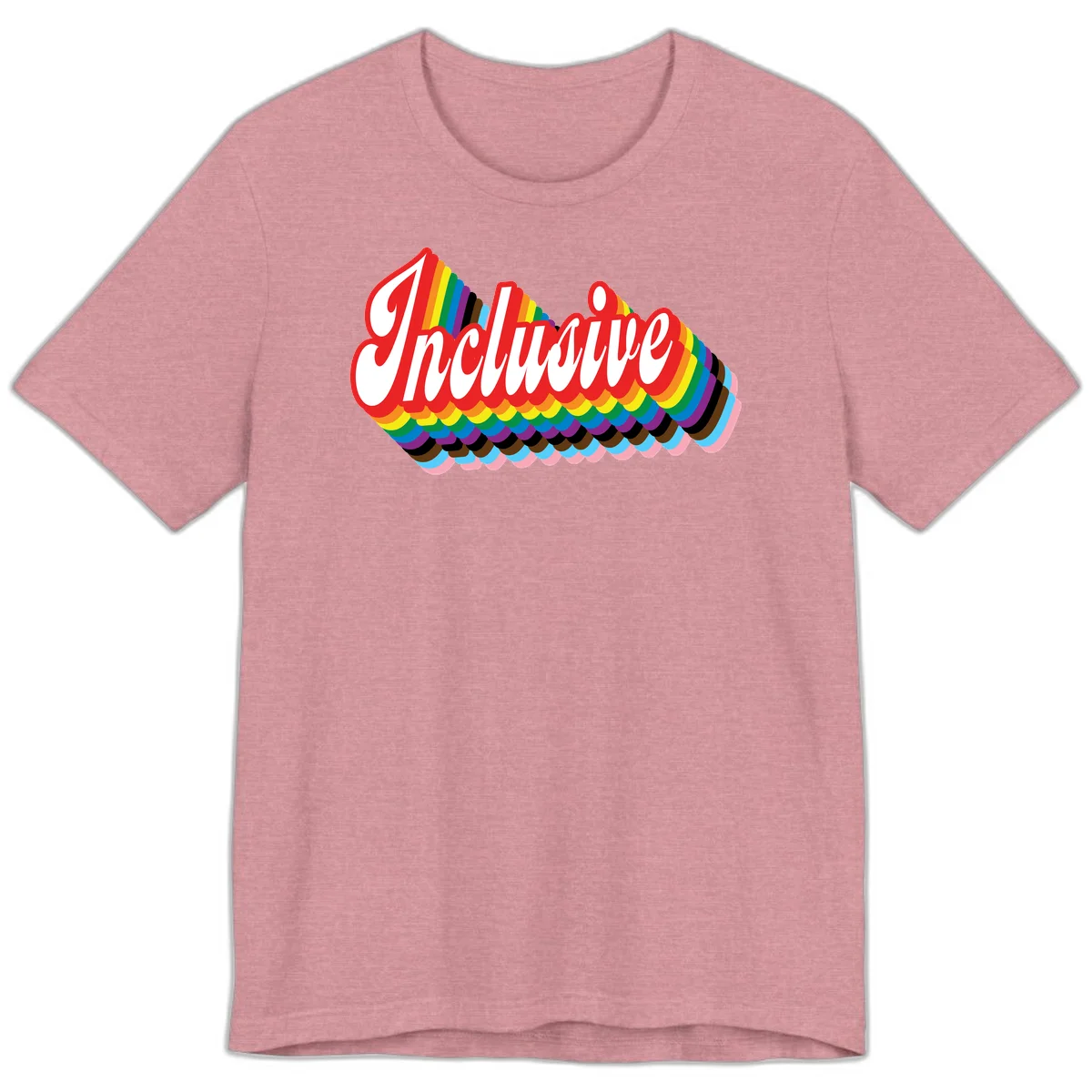 Inclusive pride rainbow design with bold red 3D lettering and layered rainbow wave stripes in full spectrum colors in Heather Orchid