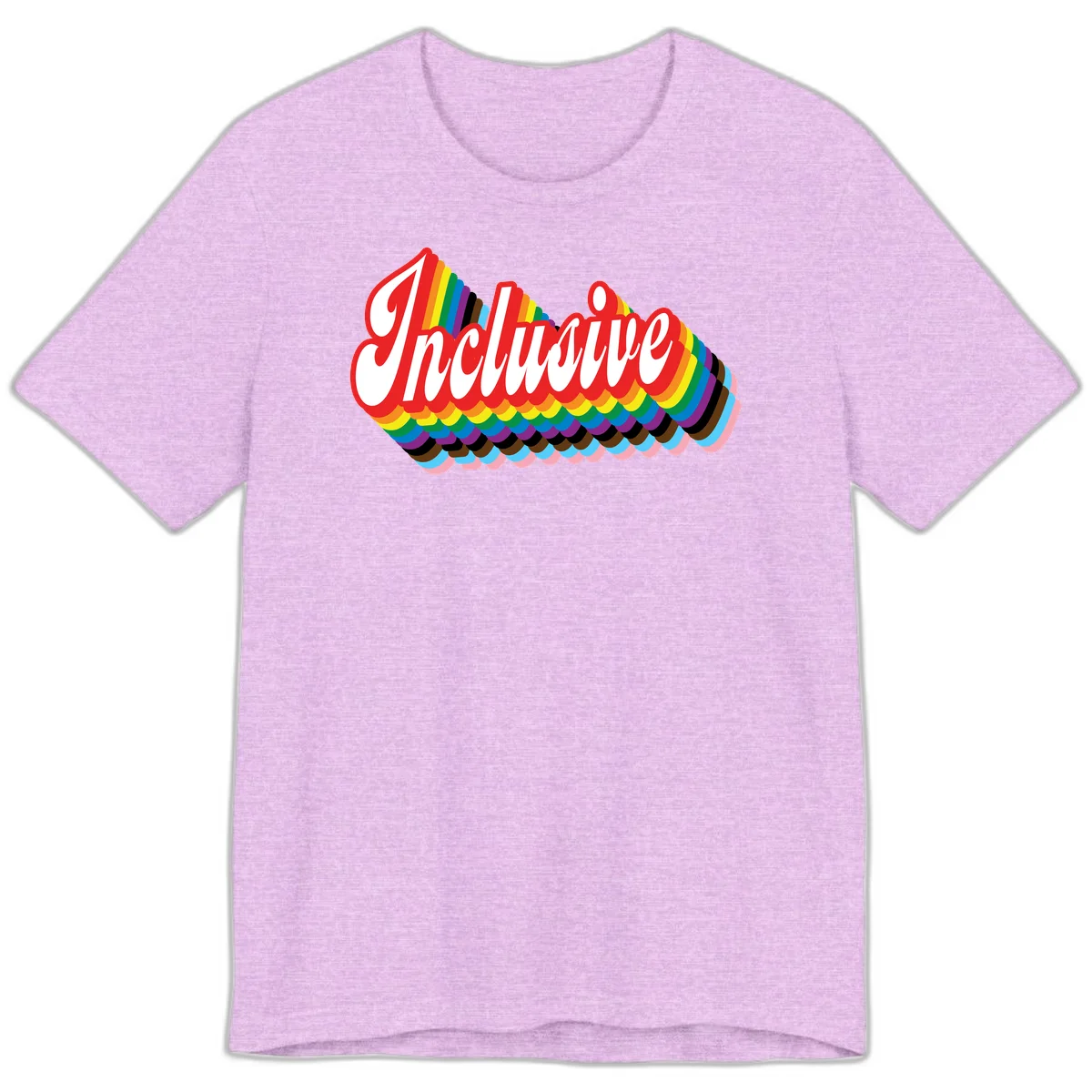 Inclusive pride rainbow design with bold red 3D lettering and layered rainbow wave stripes in full spectrum colors in Heather Prism Lilac