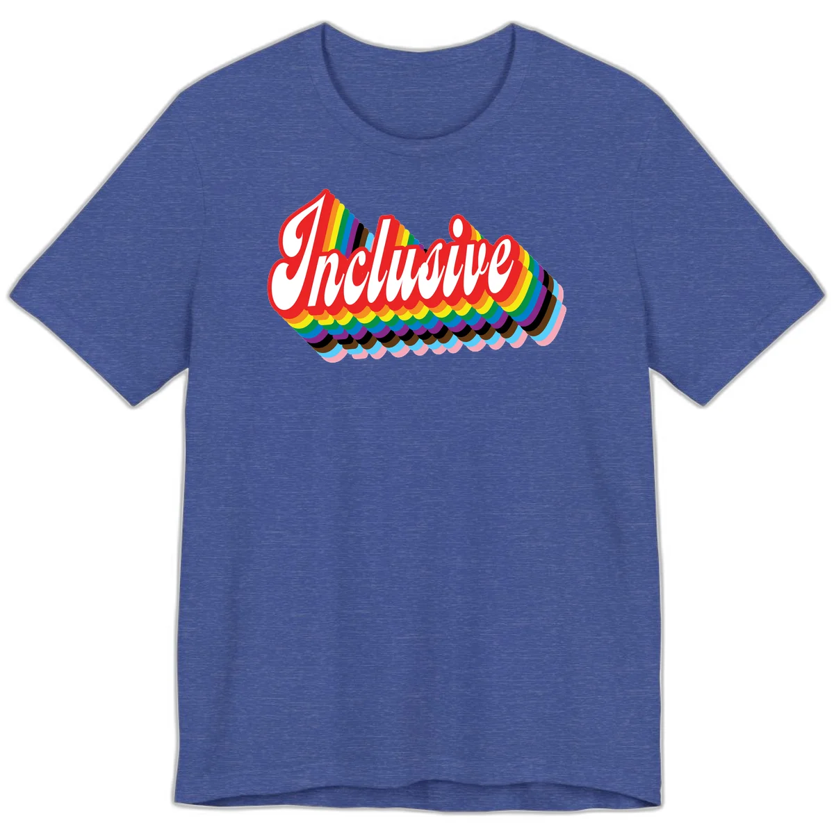 Inclusive pride rainbow design with bold red 3D lettering and layered rainbow wave stripes in full spectrum colors in Heather True Royal