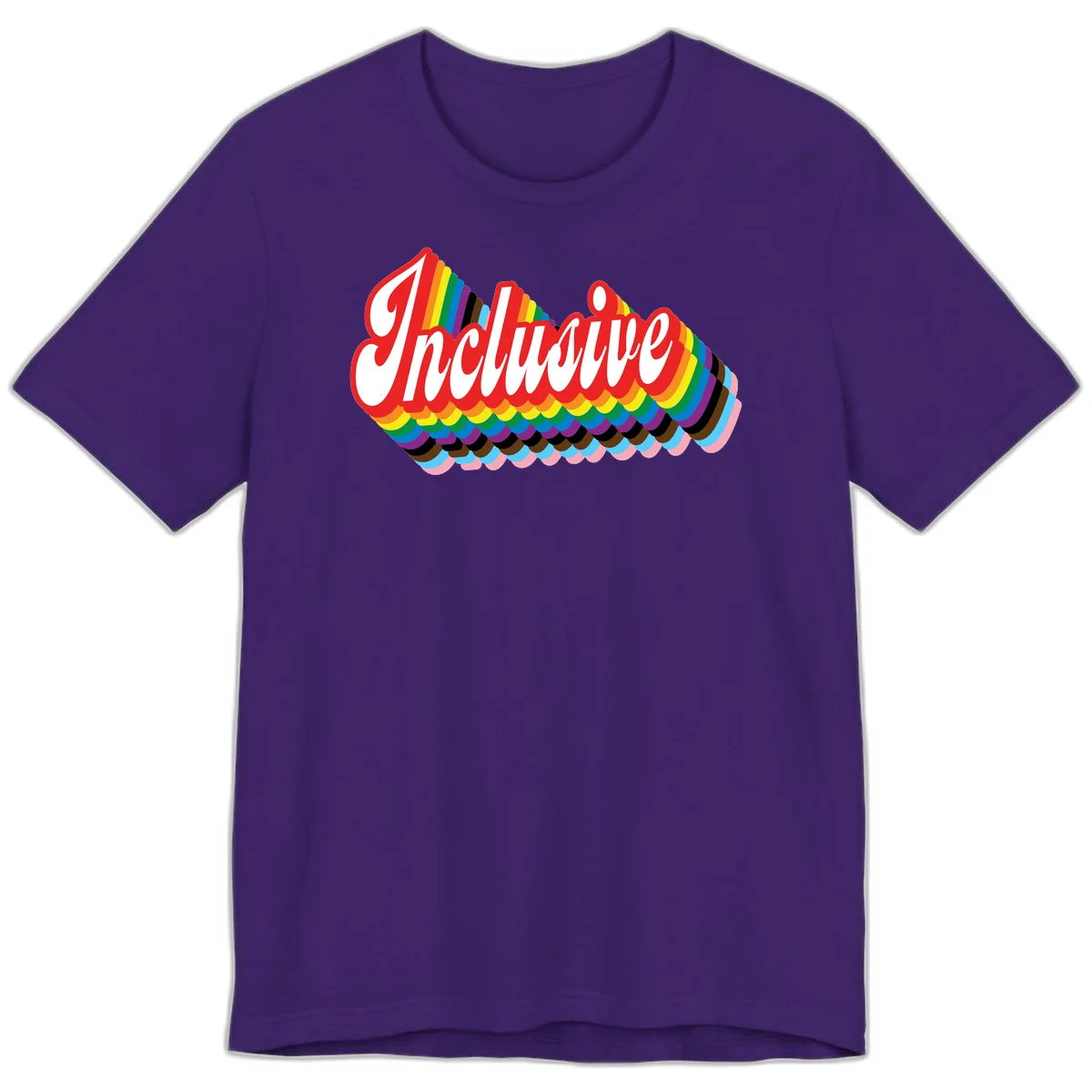 Inclusive pride rainbow design with bold red 3D lettering and layered rainbow wave stripes in full spectrum colors in Team Purple