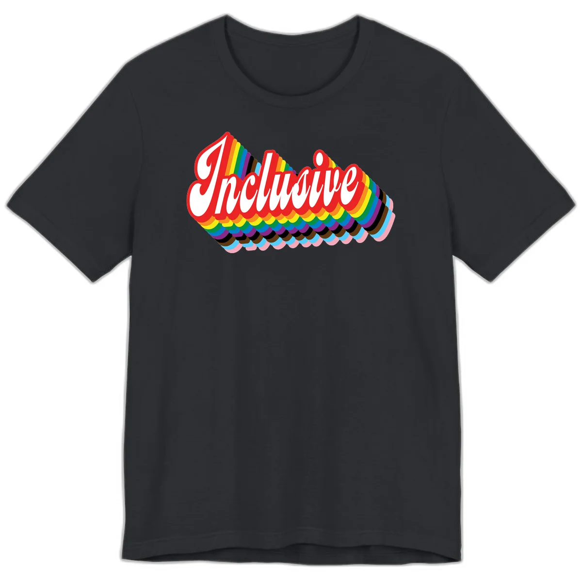 Inclusive pride rainbow design with bold red 3D lettering and layered rainbow wave stripes in full spectrum colors in Vintage Black