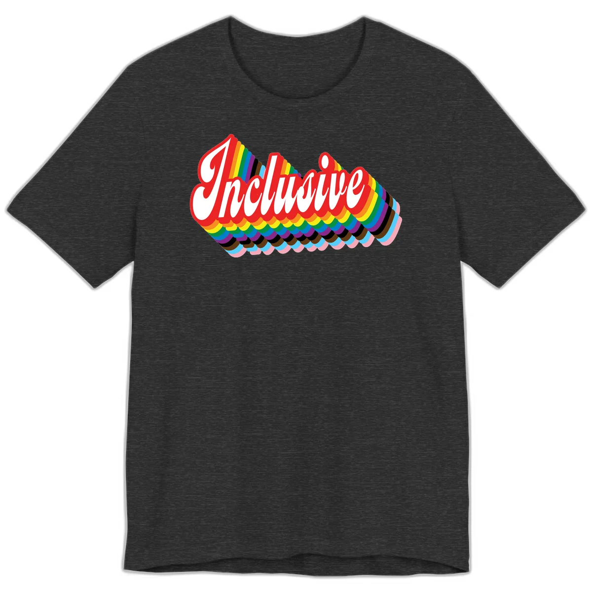 Inclusive pride rainbow design with bold red 3D lettering and layered rainbow wave stripes in full spectrum colors in Dark Grey Heather