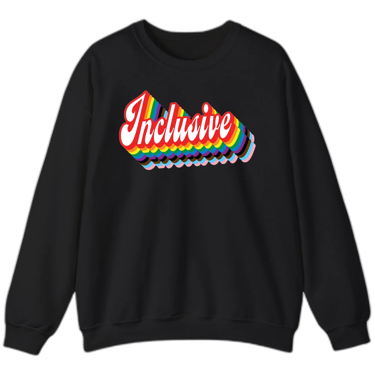 Inclusive pride rainbow design with bold red 3D lettering and layered rainbow wave stripes in full spectrum colors in Black