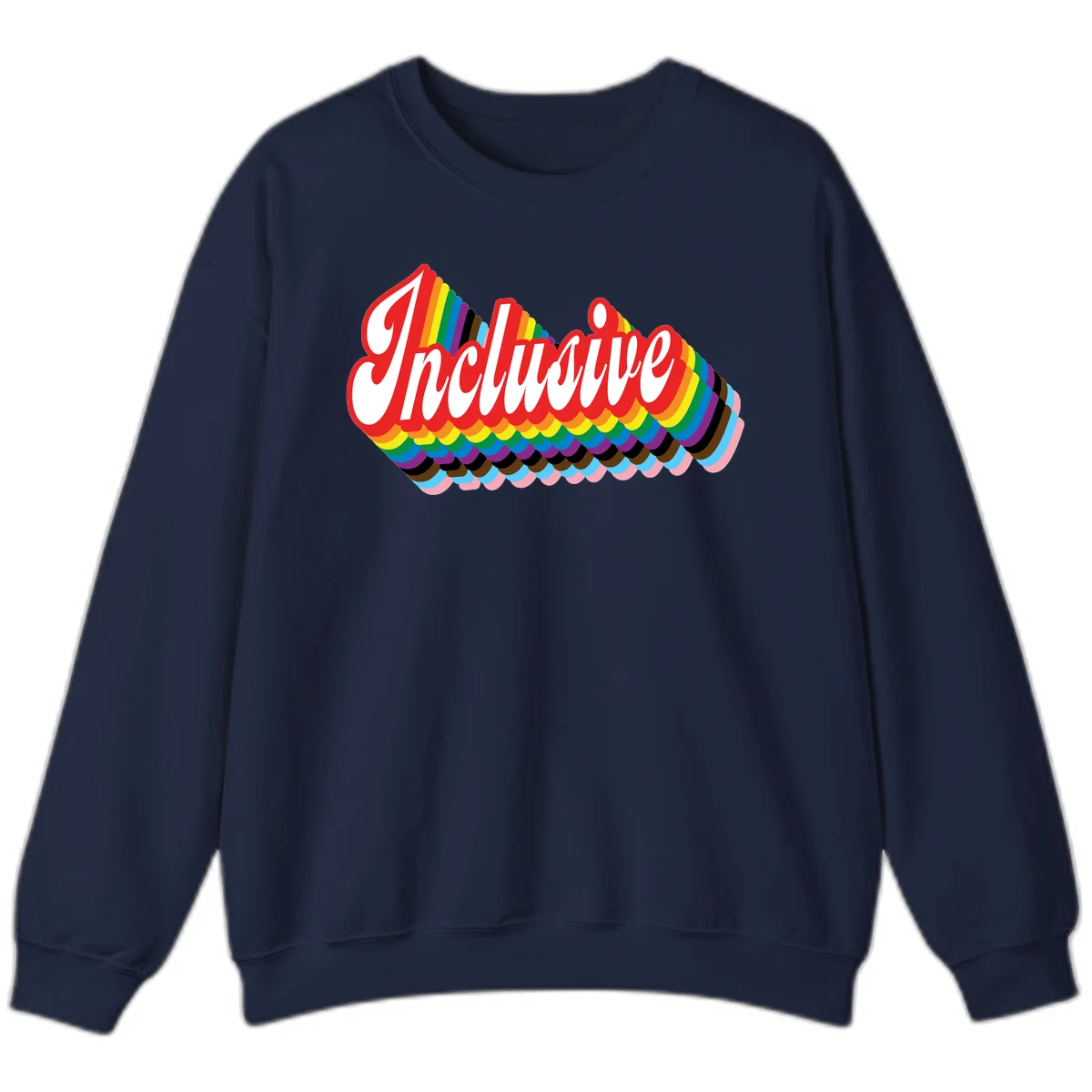 Inclusive pride rainbow design with bold red 3D lettering and layered rainbow wave stripes in full spectrum colors in Navy