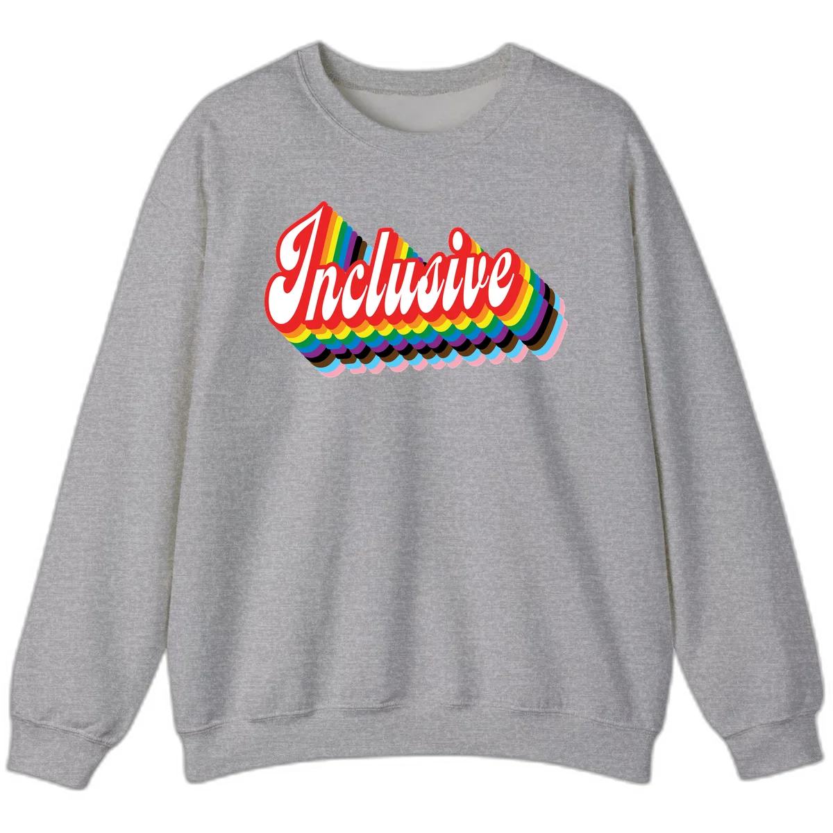 Inclusive pride rainbow design with bold red 3D lettering and layered rainbow wave stripes in full spectrum colors in Sport Grey