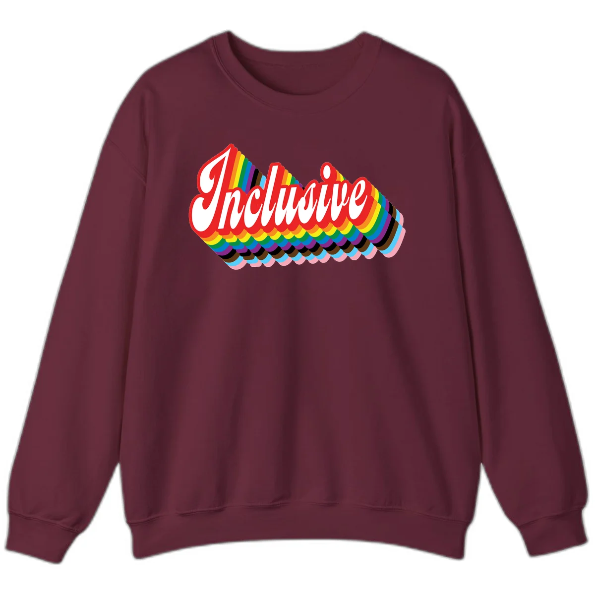 Inclusive pride rainbow design with bold red 3D lettering and layered rainbow wave stripes in full spectrum colors in Maroon