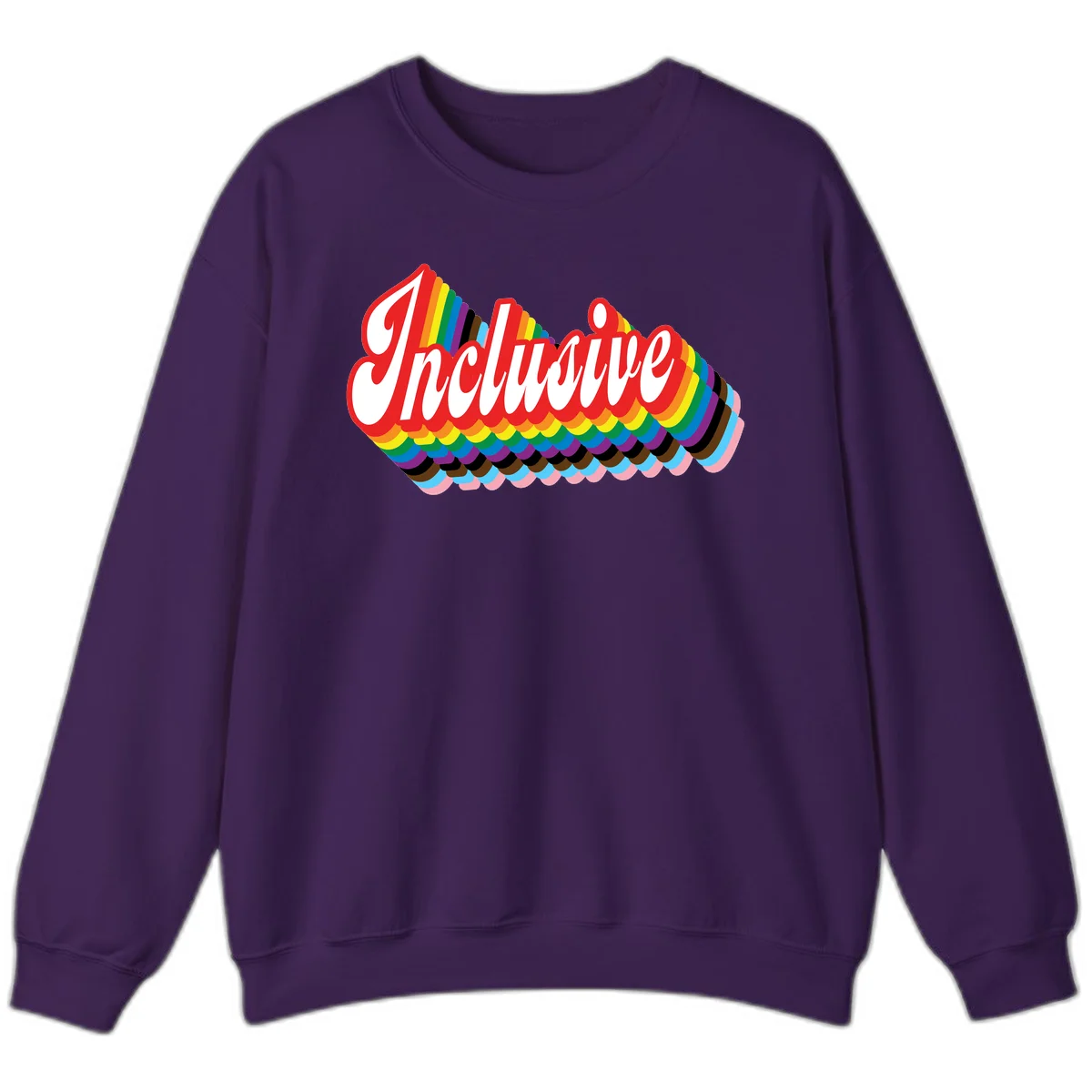 Inclusive pride rainbow design with bold red 3D lettering and layered rainbow wave stripes in full spectrum colors in Purple
