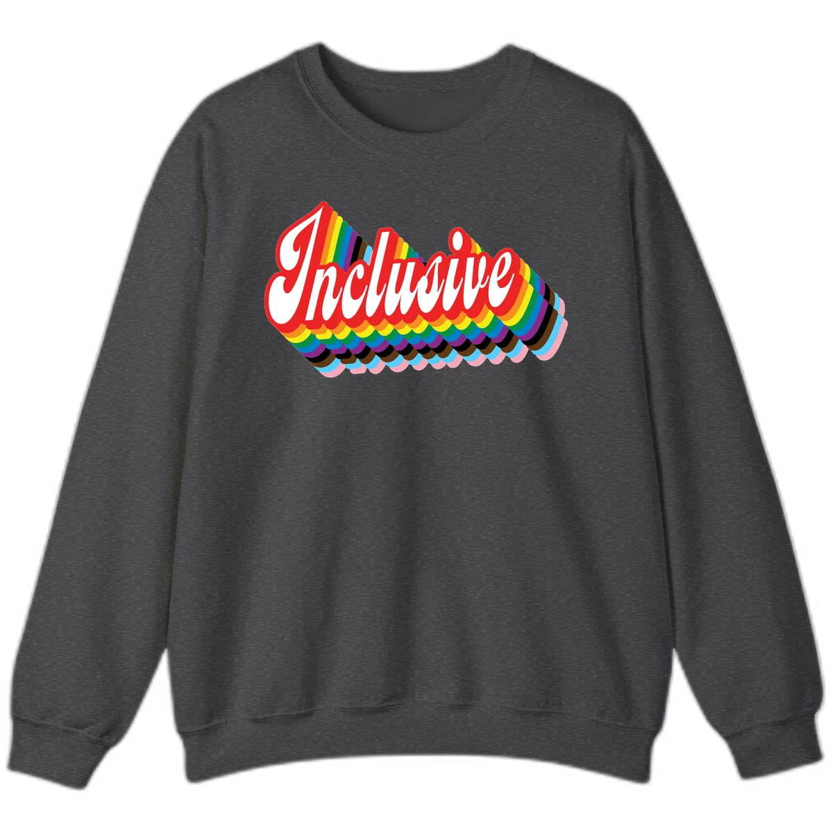 Inclusive pride rainbow design with bold red 3D lettering and layered rainbow wave stripes in full spectrum colors in Dark Heather