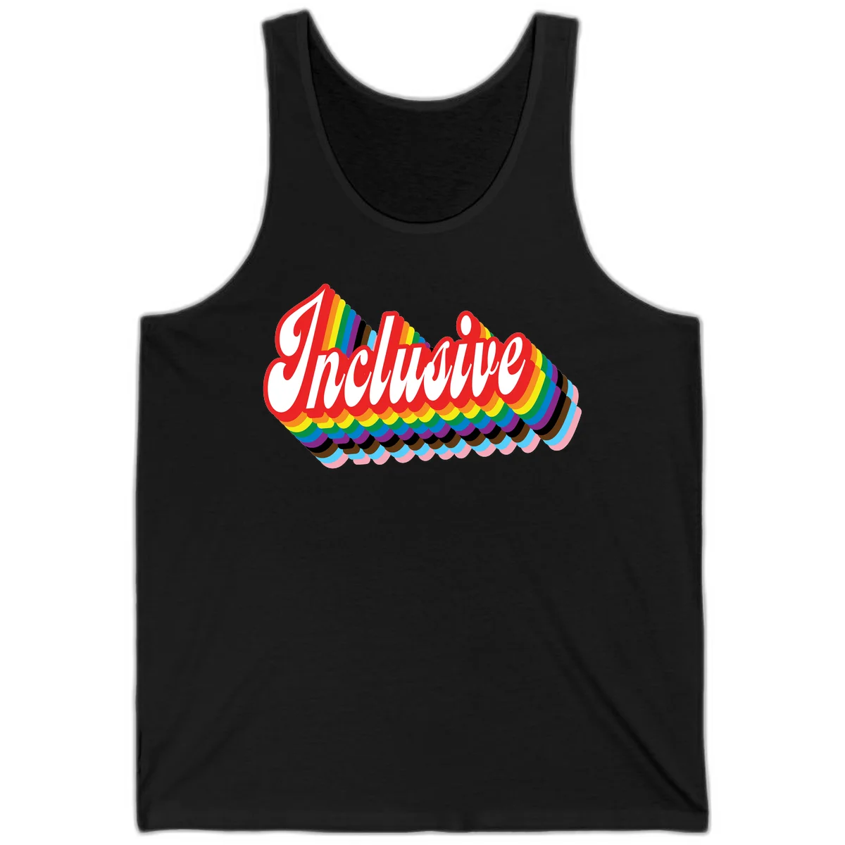 Inclusive pride rainbow design with bold red 3D lettering and layered rainbow wave stripes in full spectrum colors in Black
