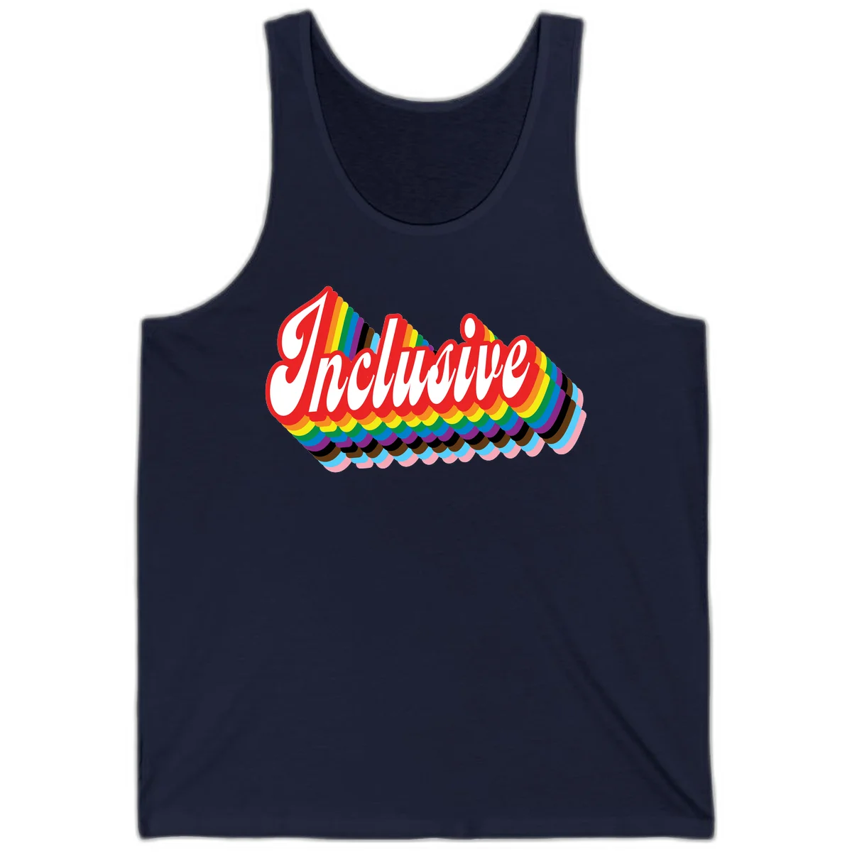 Inclusive pride rainbow design with bold red 3D lettering and layered rainbow wave stripes in full spectrum colors in Navy