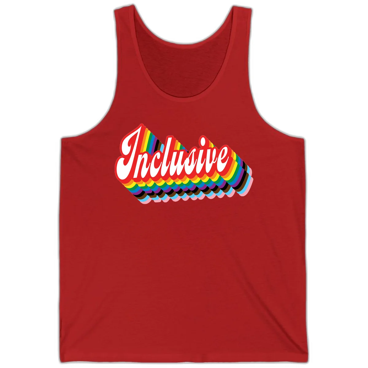Inclusive pride rainbow design with bold red 3D lettering and layered rainbow wave stripes in full spectrum colors in Red