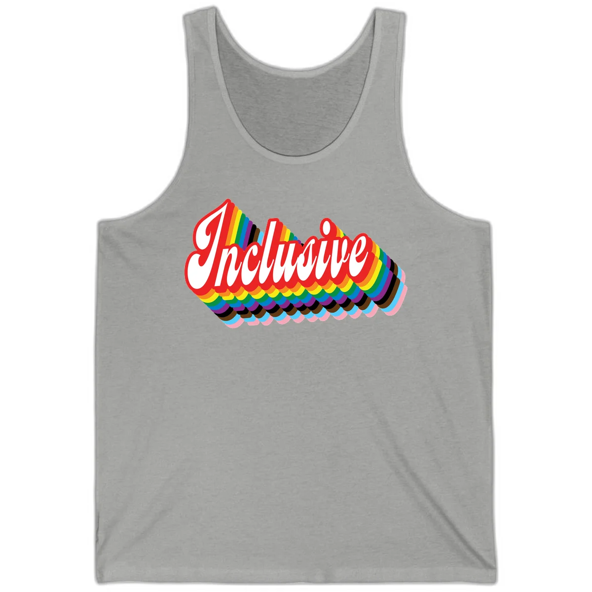 Inclusive pride rainbow design with bold red 3D lettering and layered rainbow wave stripes in full spectrum colors in Athletic Heather